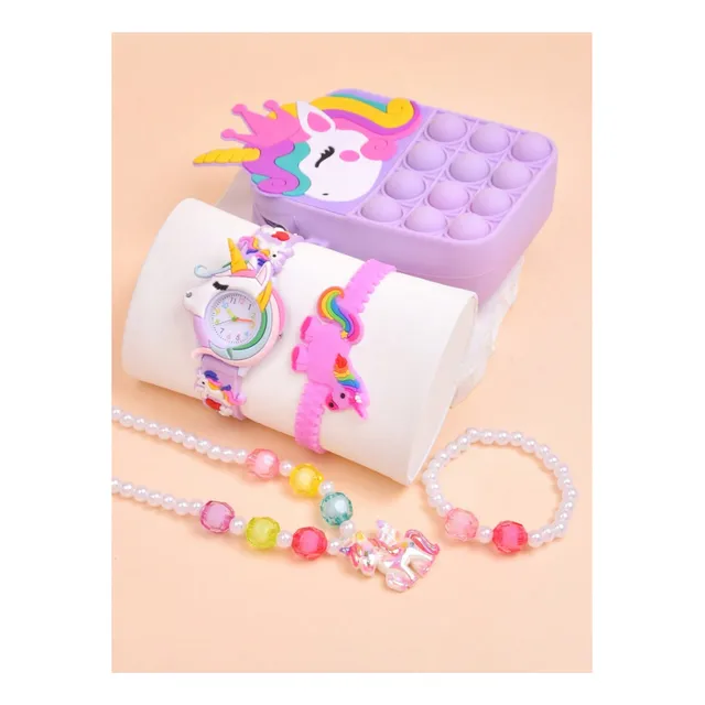 Reloj Niña Unicornio Set De Pulsera Collar Cartera