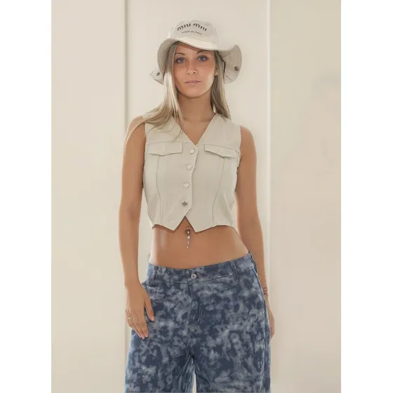 Chaleco De Gabardina Celeste Mujer . .