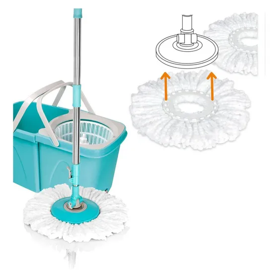 Trapero Giratorio Energy Plus con Doble Cubeta y 2 Mopas de Repuesto, Azul Claro, Limpieza Eficiente y Sin Esfuerzo, Sistema de Escurrido Automático
