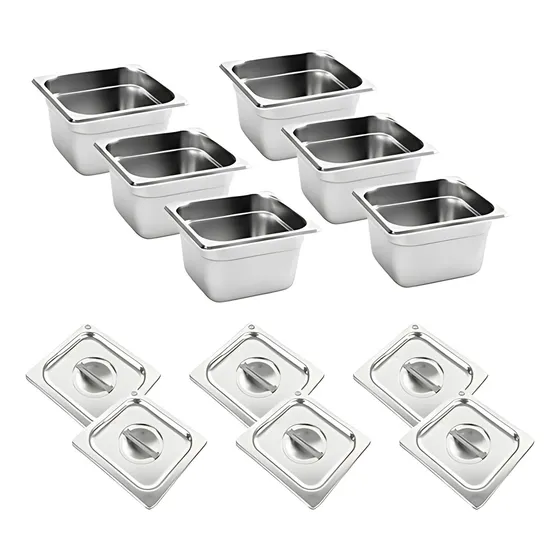 Insertos AROL 1/6x10 cm con Tapas, Acero Inoxidable, Certificación NSF, Set de 6 Pzs