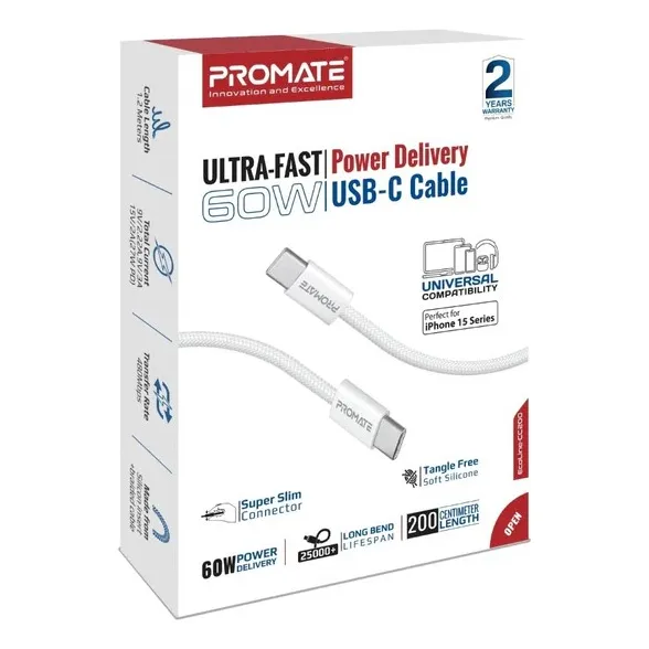 Cable Lightning A Usb C 1.2m Promate Carga Rápida 27w