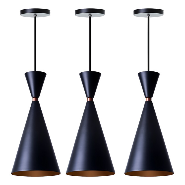 Kit 3 Lustre Pendente Interno Moscou Preto Com Cobre
