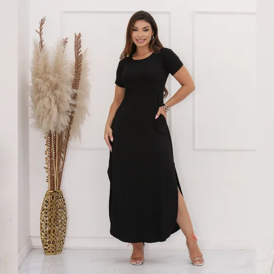 Vestido Camiseta Maxi Longo Soltinho Lycra Com Fendas Tds07