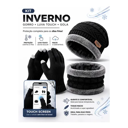 Kit Touca Gorro Lã Forrada + Luva Touch Quente Mexer Celular