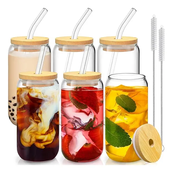 Juego De 6 Vasos De Vidrio Con Tapa De Bambú Y Pitillo