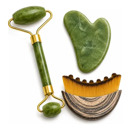 Kit Jade Roller + Gua Sha Verde + Escova De Drenagem Facial Verde