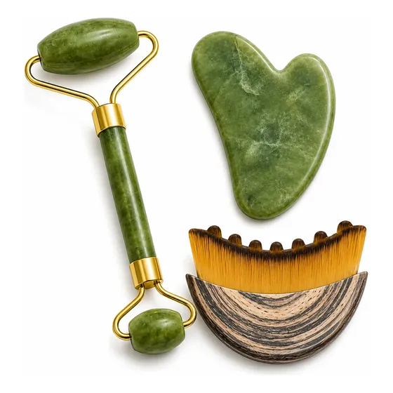 Kit Jade Roller + Gua Sha Verde + Escova De Drenagem Facial