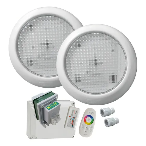 Luces De Pileta Kit Completo 2 Luminarias Led 14,4w Rgb Vulcano Sumergibles + Transformador Doble Bobinado + Control Rf Tactil Touch + Pasamuros Listo Para Instalar En Piscinas Hormigon
