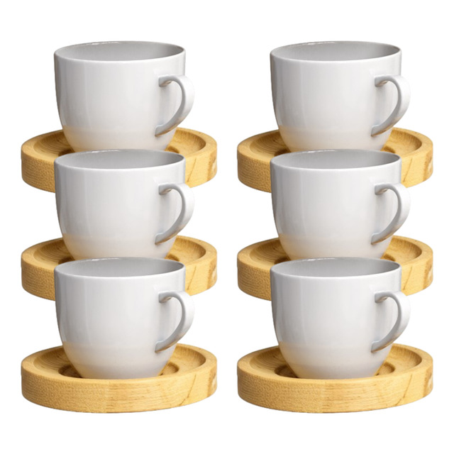Jogo 6 Xicaras Porcelana Cafe Chá Com Pires Madeira 12 Peças Jogo 6 Xicaras Porcelana Cafe Chá Com Pires Madeira 12 Peças