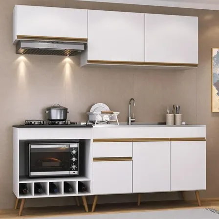 Armário Cozinha Modulada Compacta c/ Gabinete p/ Pia e Balcão p/ Cooktop Veneza Multimóveis MP3775 Branco/Dourado