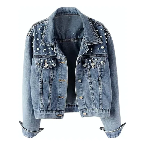 Abrigo De Chaqueta De Perlas De Mezclilla For Mujer Moda