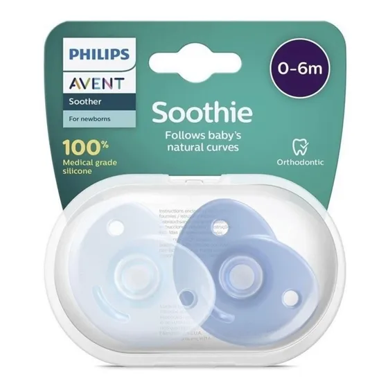 Chupetes Soothie Avent X2 Unidades Todo Silicona 0-6 Meses Color Celeste