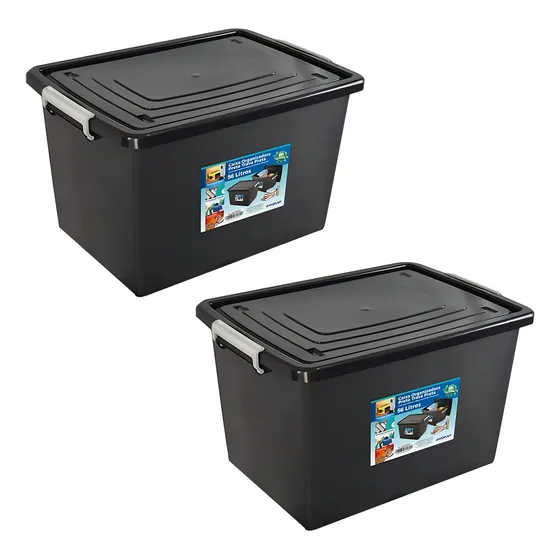 Kit de 2 cajas organizadoras de 56 litros con tapa y cierre negros