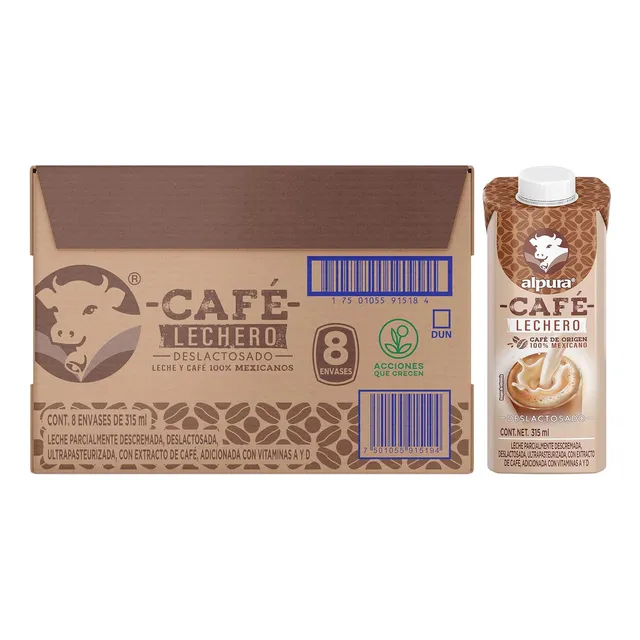 Leche Alpura Café Deslactosado Pack X8 Unidades 315ml C/u