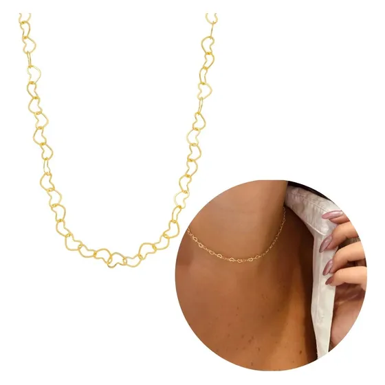 Colar Chocker Corações Ouro 18k Delicado E Estiloso Banhado 