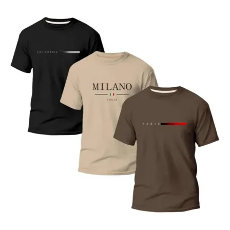 Kit 3 Camiseta Paris Milano Basica Masculina Algodão Premium Preto/caqui/marrom M