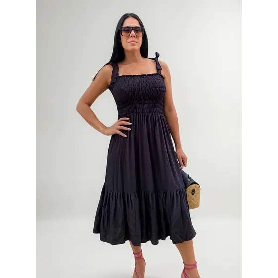 Vestido Midi Preto Babado Com Lastex Com Alcinha  Lançamento