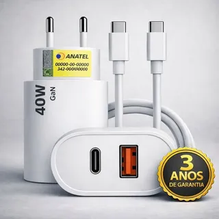 Carregador Turbo Super Rápido 40w Para iPhone 15 16 17 Samsung Galaxy S24 S23 S22 S21 S20 Fe Ultra Motorola M22 M31 M32... Branco