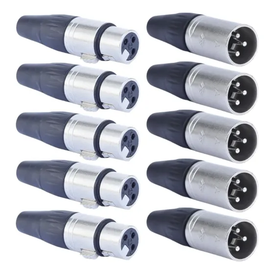 Kit 10 Conector Plug Xlr Canon 5 Macho + 5 Fêmea Roxtone Cor Prata
