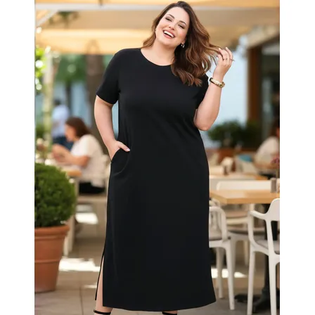 Vestido Feminino Midi Plus Size Longo Com Bolso