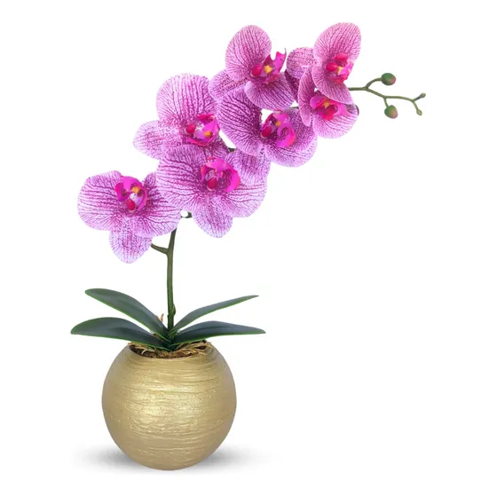 Arranjo Orquídea Lilas Aparência Real Silicone Vaso Redondo