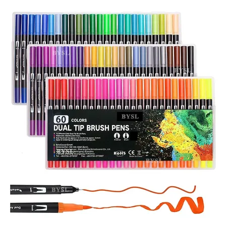 Kit 60 Canetas Brush Duas Pontas BYSL 60 Cores Lettering Artístico