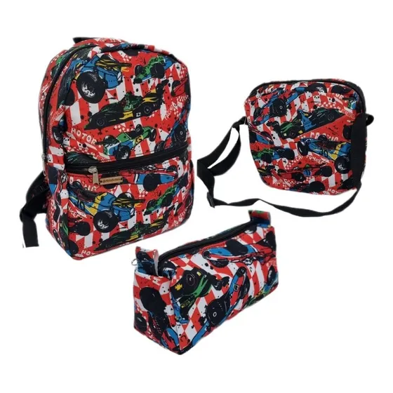 Bolso Morral Infantil + Lonchera + Cartuchera Carro Colegial