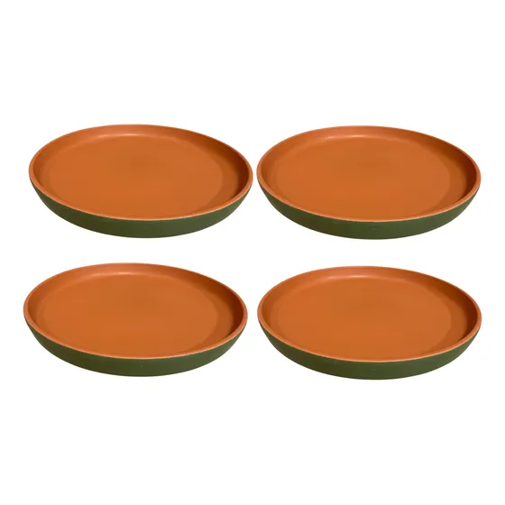 Prato Raso Terracota Com Verde 4 Peças Cerâmica Rústica 24cm Verde Com Terracota Lisa