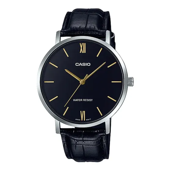 Reloj pulsera Casio MTP-VT01 con correa de cuero color negro - bisel plateado
