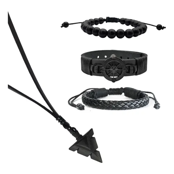 Pulseiras De Couro Masculinas Kit C/03 + Colar Tribal