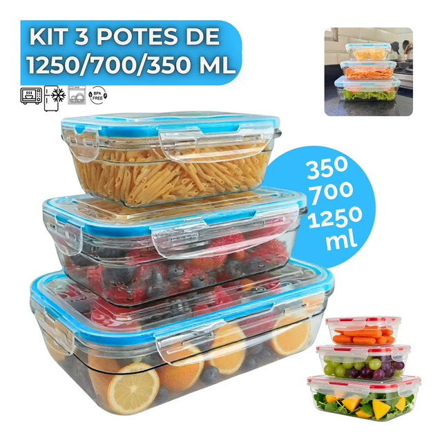 Jogo 3 Potes Herméticos Vyrox C/ Tampa Hermética Micro-ondas 1.25l 0.7l 0.35l Vedação Azul