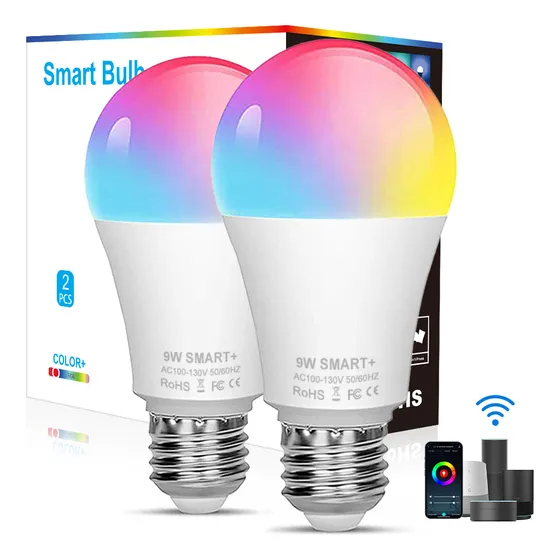 Pack de 2 bombillas LED inteligentes RGB WiFi 2.4GHz control por voz Alexa y Google Home 16 millones de colores brillo ajustable luz cálida y fría temporizador y modo musical para hogar y oficina