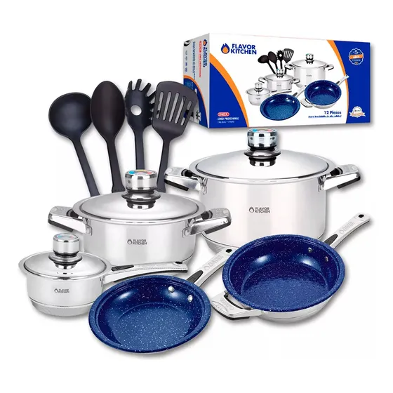 Batería De Cocina Flavor Kitchen Acero Inox Quirúrgico 12 Pz Color Plateado