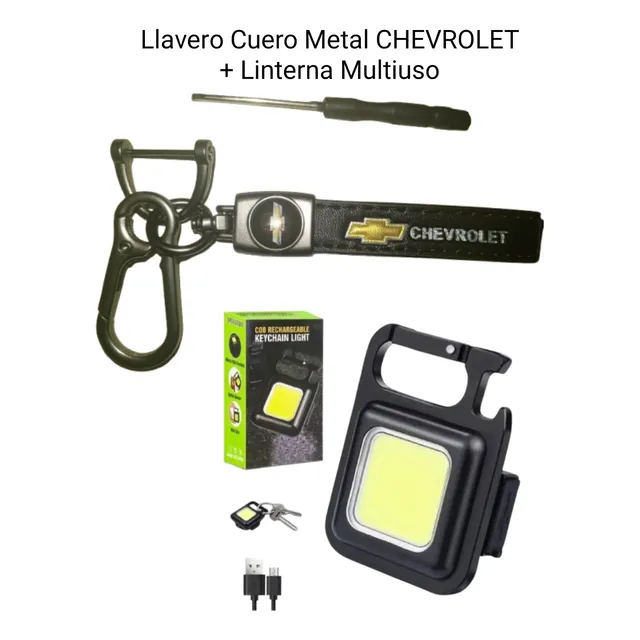 Llavero Lujo Cuero-metal Chevrolet + Linterna Aluminio Led