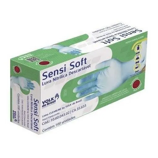 Luvas descartáveis antiderrapantes Volk do Brasil Sensi soft cor azul tamanho  M de nitrilo x 100 unidades 
