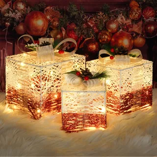 Set De 3 Cajas De Regalo Con Iluminación Navideña Y 60 Led Set De 3 Cajas De Regalo Con Iluminación Navideña Y 60 Led