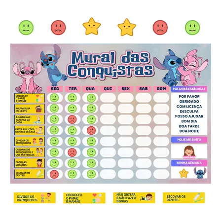Mural Das Conquistas Rotina Infantil Lilo & Stitch Emoções