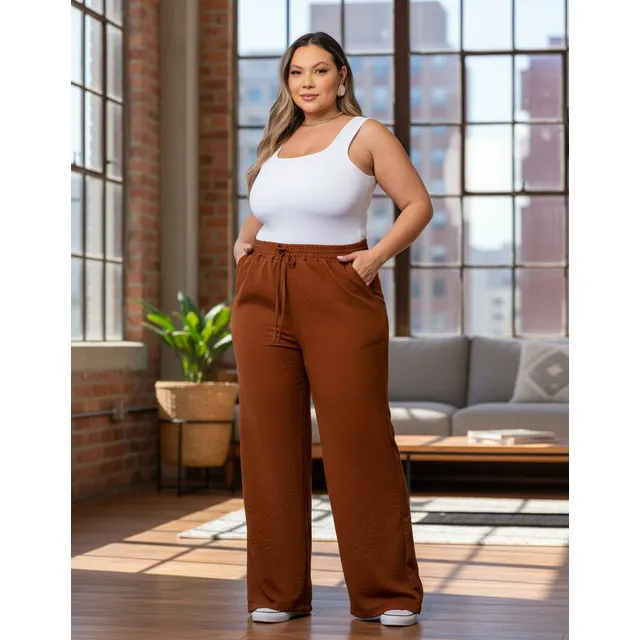 Calça Pantalona Plus Size Duna Com Elastico Na Cintura