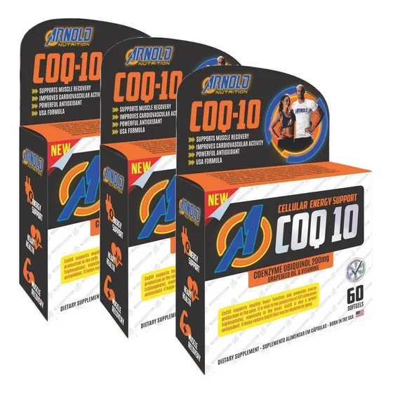 Arnold Nutrition Pacote com 3 cápsulas de Coenzima Q10 200 mg de Ubiquinol 60 cápsulas em caixa sem sabor