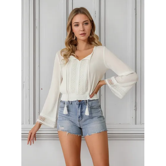 Blusa Mujer De Encaje Bohemio Con Cintura Fruncida Y Ojales