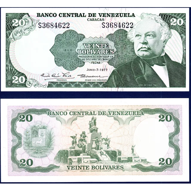Billete De 20 Bolívares S7 Junio 7 De 1977 José Antonio Páez