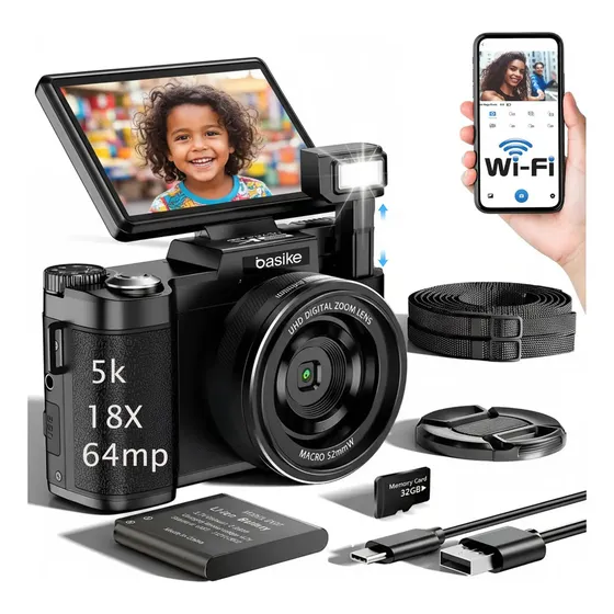 Câmera Fotografica Digital 5k 64mp 18x Câmera de beleza inteligente Ai Com flash retrátil desliga a luz, Cartão Sd De 32gb，Foco Automático E Função Webcam para infantil,Iniciantes,vlog,Jovens Viagens