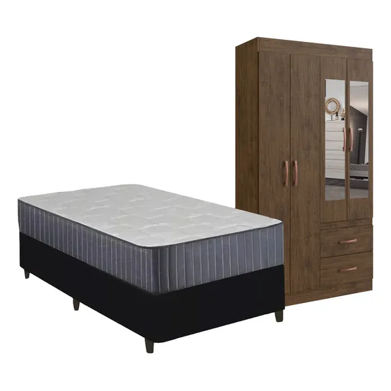 Combo Dormitorio Sommier 1 Plaza  Ropero Armario Con Espejos