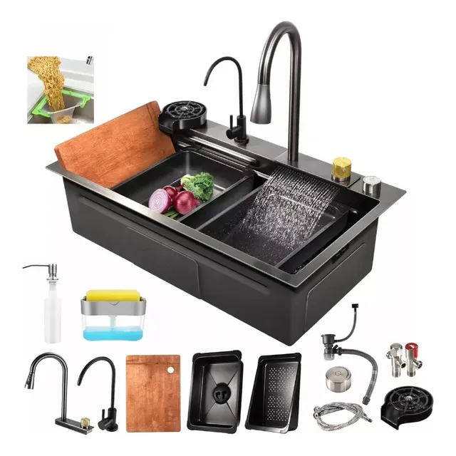 80x45 Cm Fregadero De Cocina Tarja De Cocina Cascada 304 Acero Inoxidable Color Negro Con Todos Los Accesorios