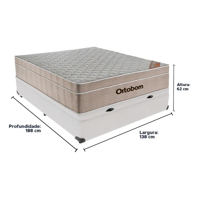 Conjunto de cama box baú de casal Ortobom Airtech na cor branca com colchão de molas, exibindo as medidas de 138cm de largura, 188cm de profundidade e 62cm de altura.