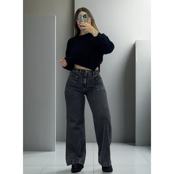Jean Wide Leg Azul Bolsillo Plaqué Gris - Lou Jeans