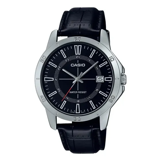 Reloj Casio Mtpv004l 1c Hombre Correa Fechador Correa Negro Bisel Plateado Fondo Negro MTP-V004L-1C