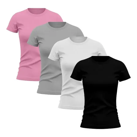 Kit 4 Camisetas Femininas Baby Look Básica Lisa Algodão