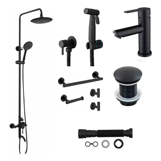 Juego De Baño Completo Negro Mate Grifería + Extractor Acra