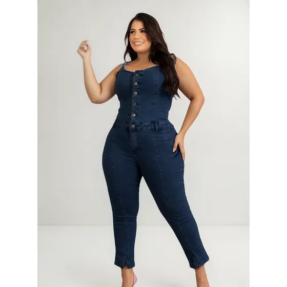 Jardineira Calça Feminina Jeans Plus Size Cintura Alta Lycra